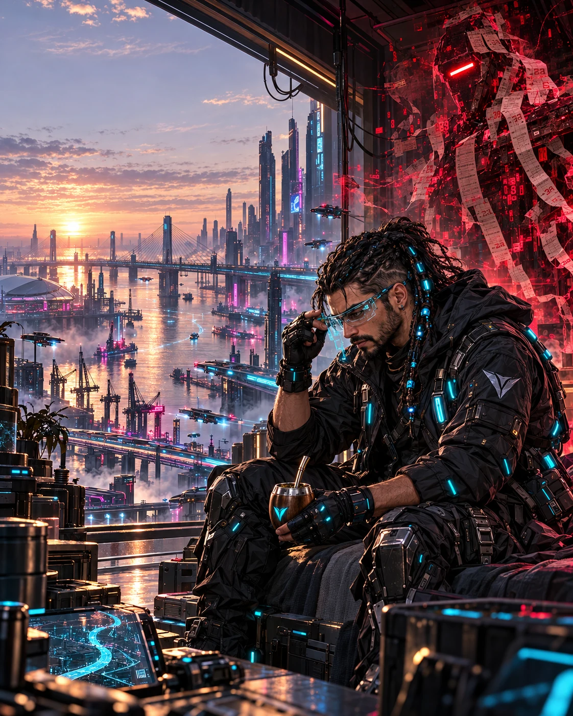 Trenci apaga su HUD ante una Santa Fe fluvial cyberpunk