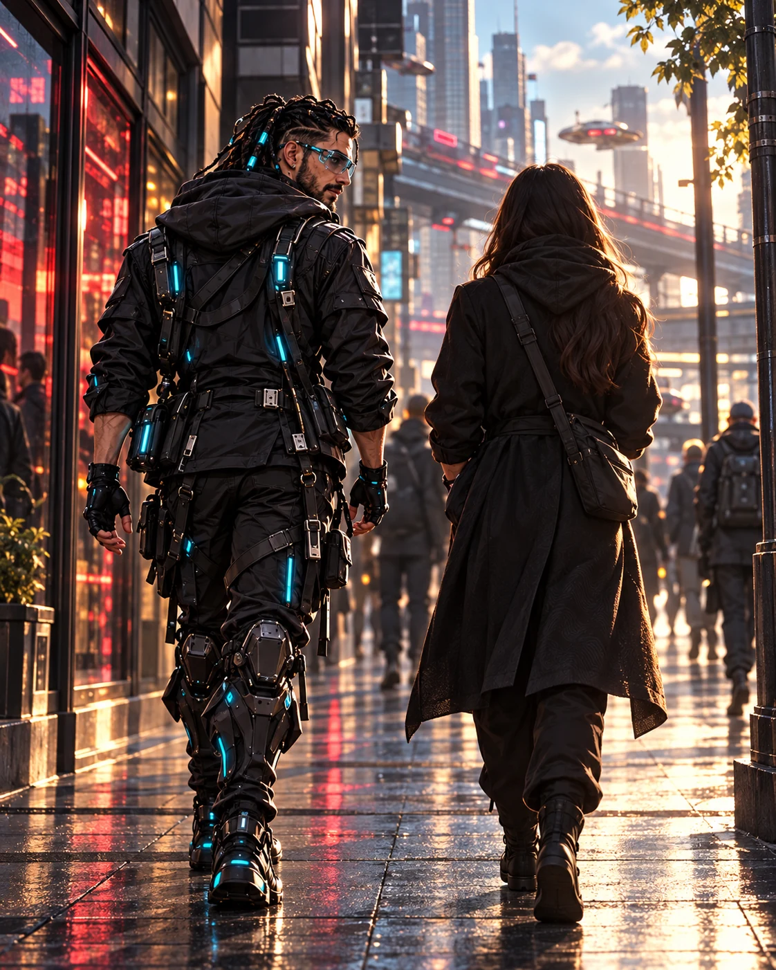 Trenci camina por un centro urbano cyberpunk junto a una figura adulta anónima, con las interfaces de trabajo apagadas.